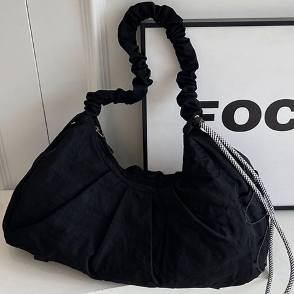 Ruched Handle Women's Pleated Boho Everyday Hobo Bag In Black